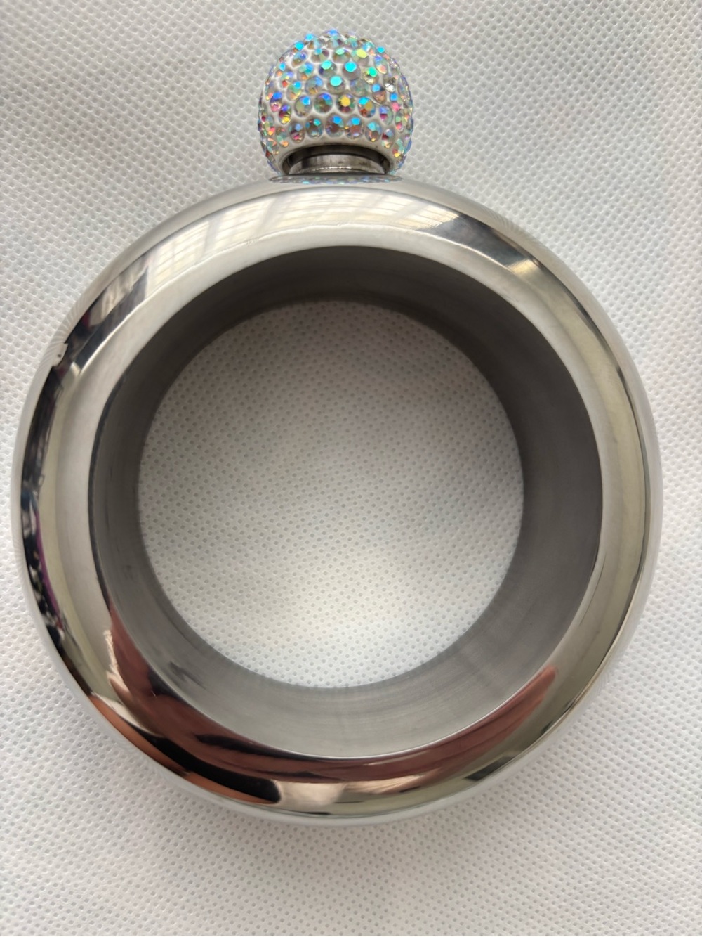 Round Stainless Steel Bangle Flask with Crystal Cap - Silver